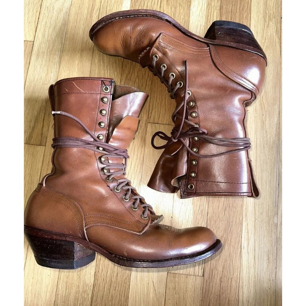 Vintage Handmade brown leather boots men’s size 8E. Lace up.